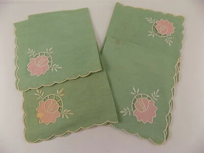 Vintage Handkerchief 4 Green Scalloped Edged Pink Flower Cut Work 11 x 9.5" - Image 1 of 4