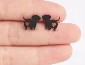 Dachshund Sausage Dog Puppy Heart Black Stainless Steel Stud Earrings  93 - Picture 1 of 2