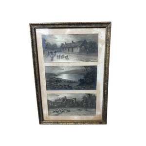 Vintage Framed Triptych Prints Pastoral Scenes Signed Antique Gold Frame - Picture 1 of 13
