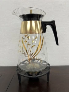 MCM Pyrex Coffee Carafe With Cast Iron Warmer Gold, Black Vintage - Picture 1 of 22