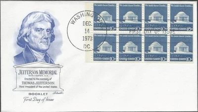 Scott 1510c FDC with book pane of 8 stamps - 10 cent - 1973 - Jefferson Memorial - Image 1 of 2
