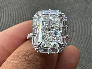 Cluster Baguette Halo Wedding Ring Radiant Cut Moissanite Silver Engagement Ring - Picture 1 of 10