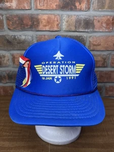 Cappello SnapBack Vintage Operazione Desert Storm 1991 Bandiera Americana Nastro Spilla Blu - Foto 1 di 7