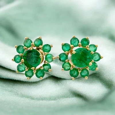 Vintage 14k Yellow Gold Natural Emerald Convertible Jackets Stud Halo Earrings - Image 1 of 4