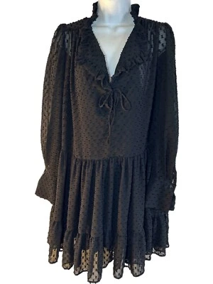 H&M Babydoll Dress SIZE 10 Black Sheer Swiss Dot Ruffle Collar Slip Knee Length - Image 1 of 4