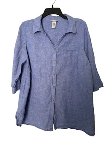 Catherines Linen Blend 3/4 Sleeve Button Down Shirt Blue Size 0X 14/16W Plus SZ - Picture 1 of 4