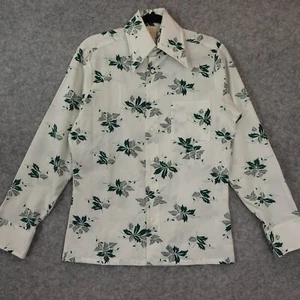 Vintage SEARS Kings Road 70s Shirt Men S White Green Perma Prest MOD Ditsy Indie - Picture 1 of 19