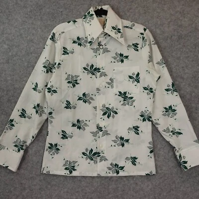 Vintage SEARS Kings Road 70s Shirt Men S White Green Perma Prest MOD Ditsy Indie - Image 1 of 4