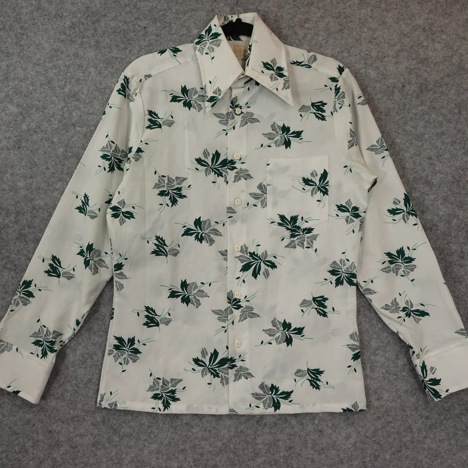 Vintage SEARS Kings Road 70s Shirt Men S White Green Perma Prest MOD Ditsy Indie - Image 1 of 4