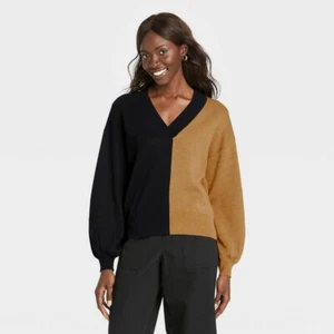 Women's Colorblock V-Neck Pullover Sweater-Who What Wear-Black & Bronze, S, NWT  - Picture 1 of 7