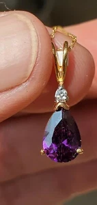 Amethyst Labcreated Pear Cut & Diamond Pendant 10kt Solid Yellow Gold - Picture 1 of 12