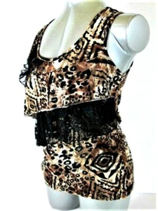 Love J womens Medium BROWN BLACK WHITE LACE TIERED STRETCH TANK TOP (R)pm - Picture 1 of 8