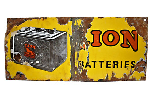 Vintage Lion Batteries Commercial Heavy Duty Sign Porcelain Enamel Advertising "