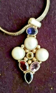 COLLAR DE COLECCIÓN DE PLATA ESTERLINA 925 18,5" 7MM COLGANTE PIEDRAS PRECIOSAS - Imagen 1 de 11