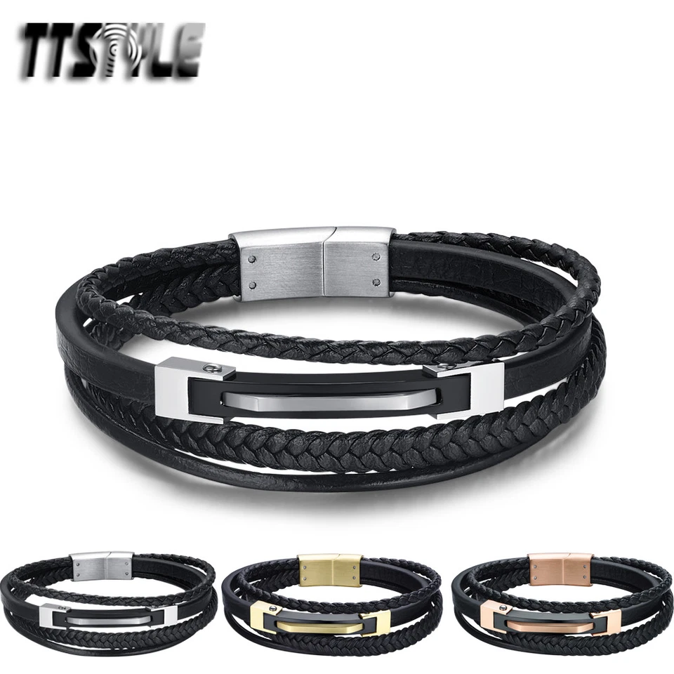 Pulsera TTstyle Cuero Negro Acero Placa de Identificación Clip Hebilla Plata/Dorado/Rosa Foto 1 de 1