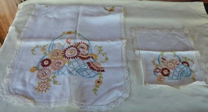 2pc VTG HandEmbroidered Linen Dresser Scarf Table Runner & Doilie Brown Floral - Picture 1 of 23