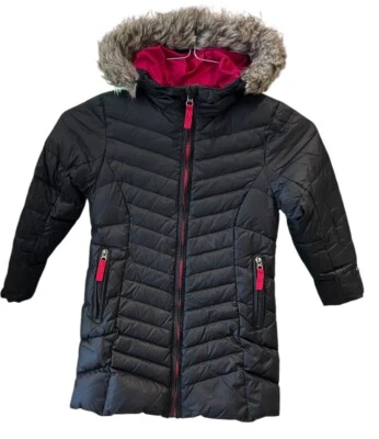 Abrigo Chaqueta Eddie Bauer Negro Rosa Plumón Niños XS 5-6 con Capucha Recortada de Piel * Foto 1 de 4