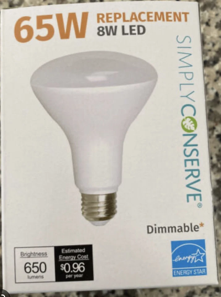 NEW, SIMPLY CONSERVE 8W LED 650 Lumen Dimmable Lightbulb, Floodlight 65W 2pk - Image 1 of 1