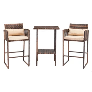 Outdoor 3 Pcs Patio Bar Set Bar Height Bistro Table Set for 2, Wicker Bar Stool - Picture 1 of 5