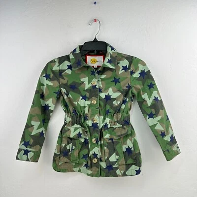 Boden Jacket Kids 6-7Y Green Blue Camo Stars Cotton Army Button Elastic Waist - Image 1 of 4