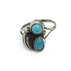 VINTAGE STERLING SILVER TURQUOISE DOUBLE STONE RING SIZE 5.25 NATIVE AMERICAN - Picture 1 of 8