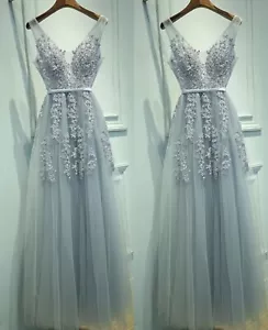 Wedding dress blue princess a-line Sz 10-12 Prom floral applique lace & tulle - Picture 1 of 8