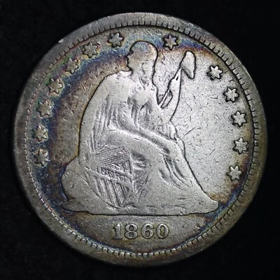 1860 TONED Seated Liberty Silver Quarter CHOICE FINE TONED E155 GEN - Image 1 of 2