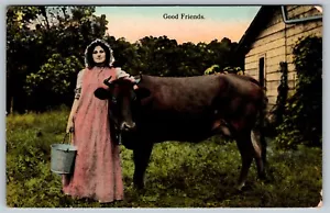 Milking Time in Iowa Hand Colored Milkmaid Cow Mason City Vintage Postcard 1910 - Picture 1 of 2