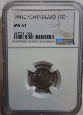 1941C Newfoundland/Canada .10 Cents NGC MS62 Mintage 483,630 .925 Silver KM-20 - Image 1 of 4