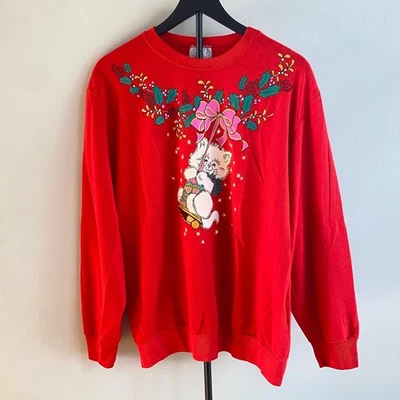 90's VTG Blair Christmas Cat Sweatshirt Red XLG Cute Kitty Cottagecore Granny - Image 1 of 4