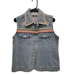 Bill Blass gilet vintage denim ricamato floreale boho western impreziosito - Foto 1 di 10