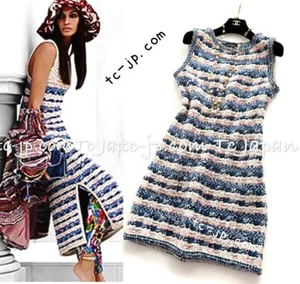 $3.8K CHANEL 15C Blue Ivory Pink Multicolor Border Knit Dress 36 US4 - Picture 1 of 24
