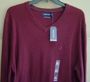 NWT $70 NAUTICA Men L PIMA COTTON BLEND V-NECK SWEATER Shipwreck Burgundy S63202 - Picture 1 of 3