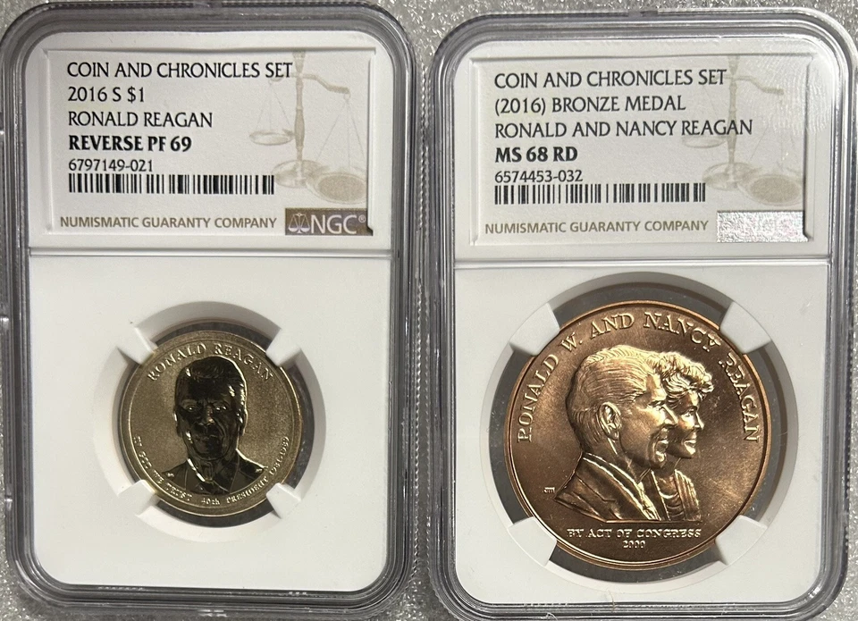 2016 Coin and Chronicles Ronald Reagan & Medal $1 NGC Reverse PF 69/MS 68 RD - Image 1 of 2