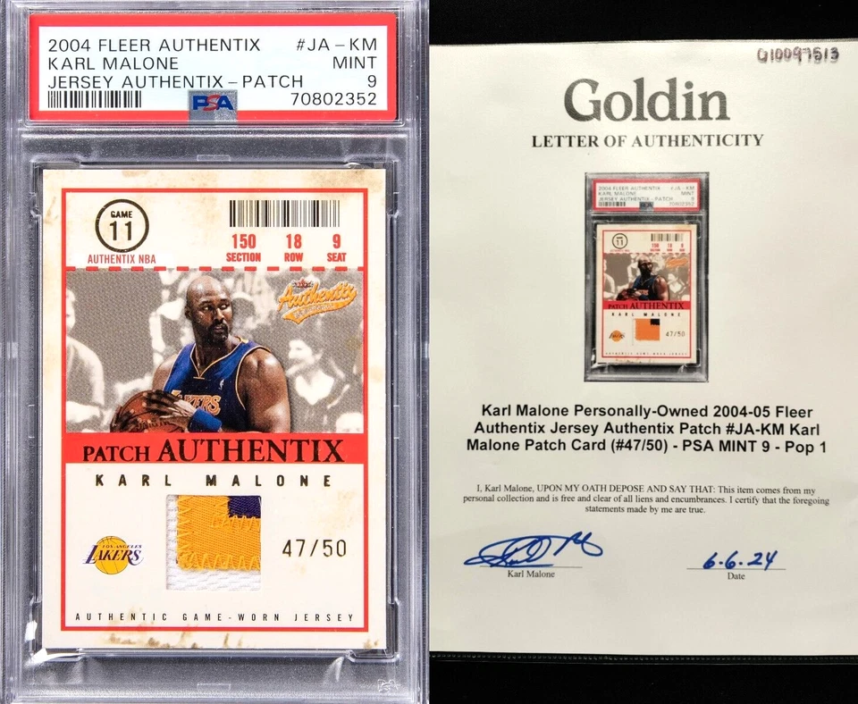 PSA 9 /50 Karl Malone PERSONAL COLLECTION Jersey Patch 2004 Authentix LOA AUTO - Image 1 of 4