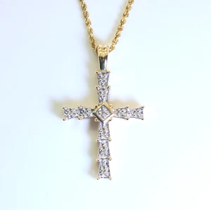10K Solid Gold Unisex Diamond Cross Pendant w/ 10K Rope 18" Chain/Necklace - Picture 1 of 6