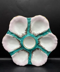 ESTATE FIND EARLY ANTIQUE PORCELAIN 7 WELL OYSTER PLATE - TEAL - Picture 1 of 4