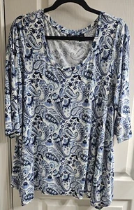 WOMEN'S JONES & CO NEW YORK PRETTY BLUE PAISLEY 3/4 SLEEVE TUNIC TOP - 1X- NWOT! - Picture 1 of 4