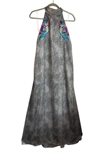 Judith March Medium Halter Slip Maxi Dress Animal Print Embroidered Parrot Silky - Picture 1 of 11