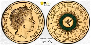 🕊️ 2014 Green Dove Remembrance Australian $2 C Mintmark PCGS MS68 Coin - Bild 1 von 3
