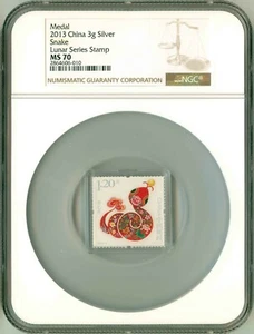 2013 China Medal 3g Silver Snake Lunar Series Stamp Coin NGC MS70 - Picture 1 of 2