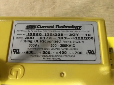 CURRENT TECHNOLOGY ISB80 120/208-3GY-10 TRANSIENT VOLTAGE SURGE SUPPRESSOR - Image 1 of 4