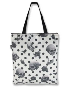 Borsa tote in tela marca liquore teschi rose pois chiusura con cerniera - Foto 1 di 2