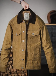 Men's Oil Waxed Canvas Corduroy Waterproof Trucker Biker Windbreaker Jacket - Picture 1 of 14