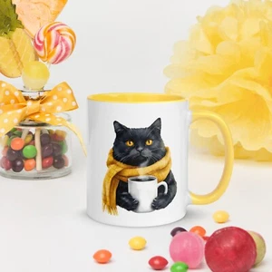 11oz Black Cat Coffee Mug – Cute Yellow Scarf Gift for Cat Lovers & Coffee Fans - Picture 1 of 10
