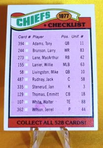 1977 Topps Football #212 Kansas City Chiefs Checklist - Picture 1 of 2