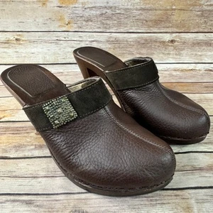 Italian Shoemakers Dark Brown Pebbled Leather Slip On Wooden High Heel Mule Shoe - Picture 1 of 10