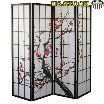 Elegante pantalla de privacidad plegable divisor de habitación negro de 3 paneles con estampado de flor de ciruelo Foto 1 de 4