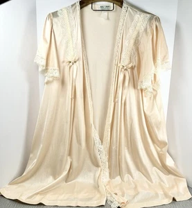 Delta Burke Womens Nylon Lace Bathrobe Cover Sexy Lacey Peach Ribbons Babydoll - Picture 1 of 8