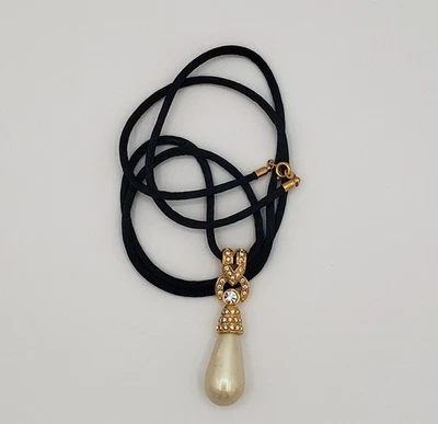 Joan Rivers Teardrop Faux Pearl Black Silk Cord Necklace With Crystals Gold Tone - Image 1 of 4